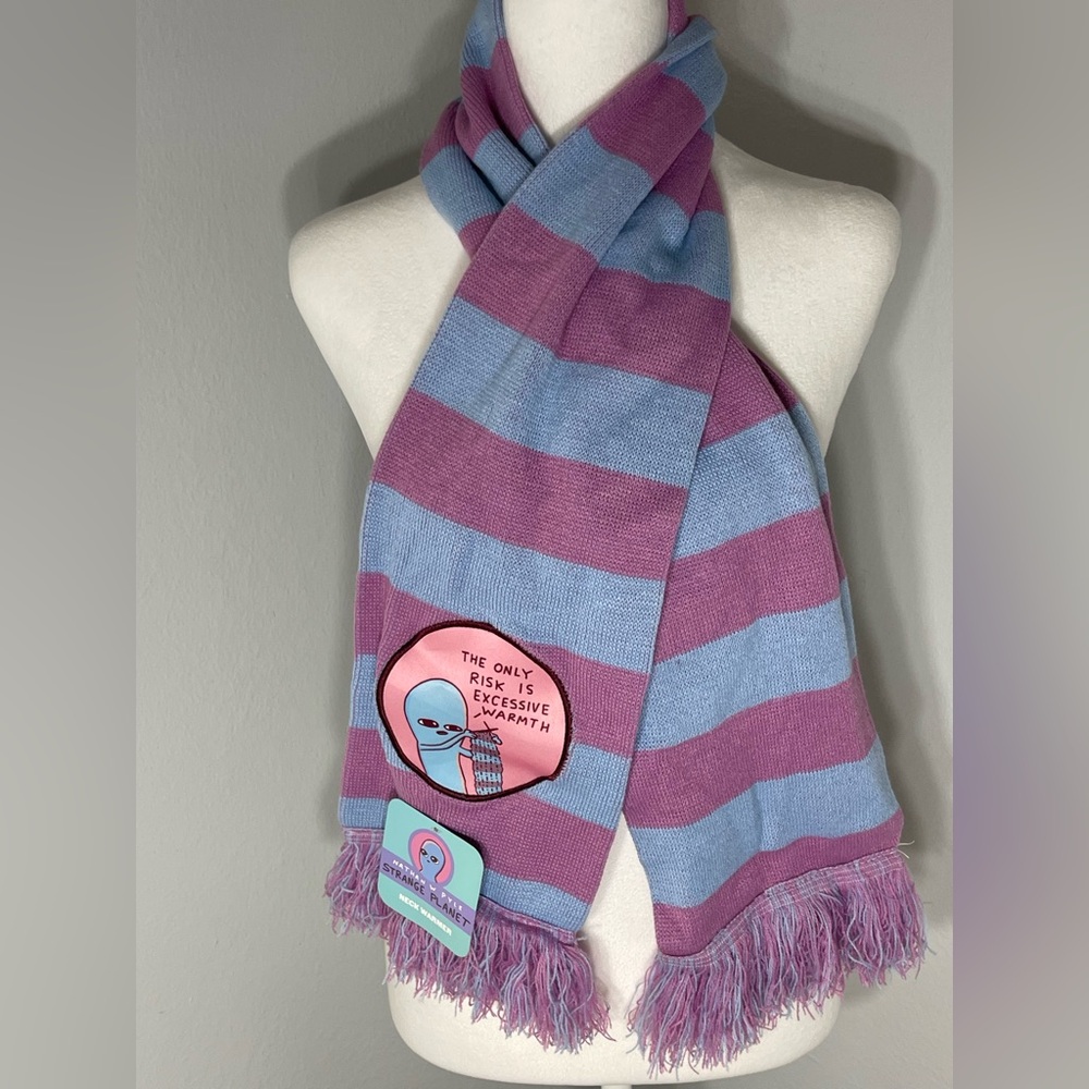 NWT: NATHAN W PYLE STRANGE PLANET Purple and Blue Striped Knit Scarf with Alien